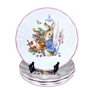 Peter Rabbit Easter Salad Plates Set of 4 Scalloped Pink Trim Beatrix Potter NEW